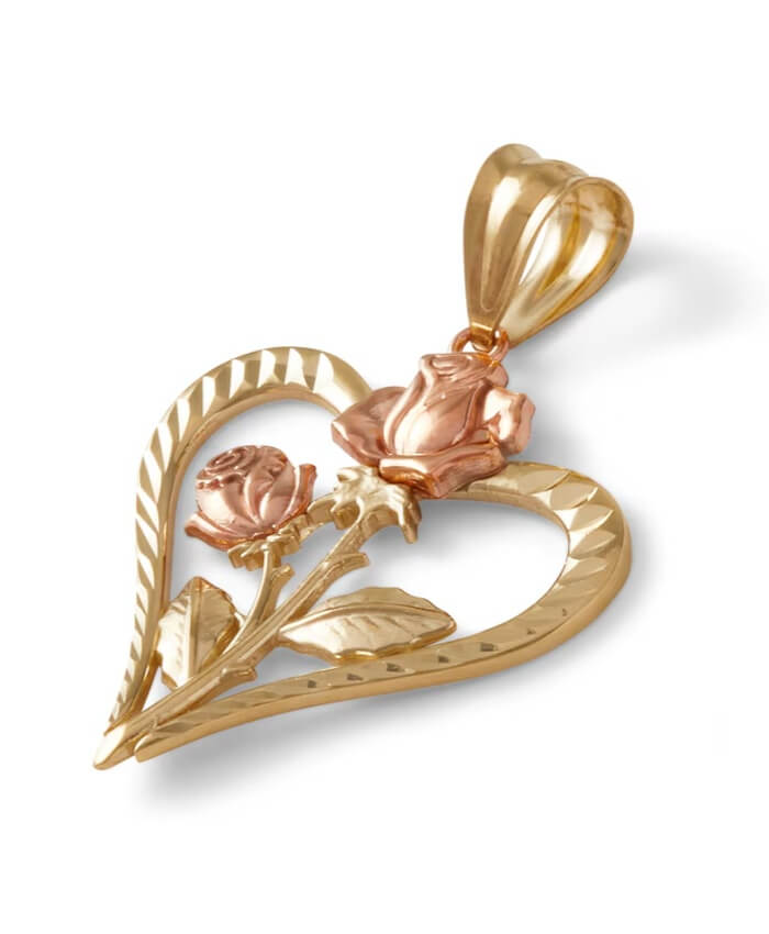 Diamond-Cut Double Rose Heart Necklace Charm in 10K Solid Two-Tone Gold